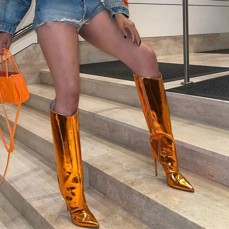 Metallic Leather Women Knee High Boots Stilettos Heels Pointed Toe Female Party Shoes Nightclub Reflective Long Boots Women 2023