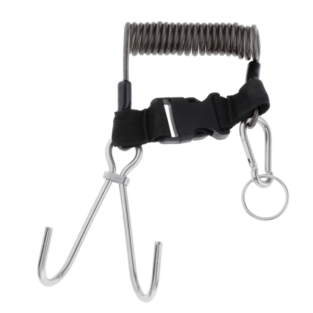 

Scuba Diving Stainless Steel Dual Reef Hooks Spiral Coiled Lanyard