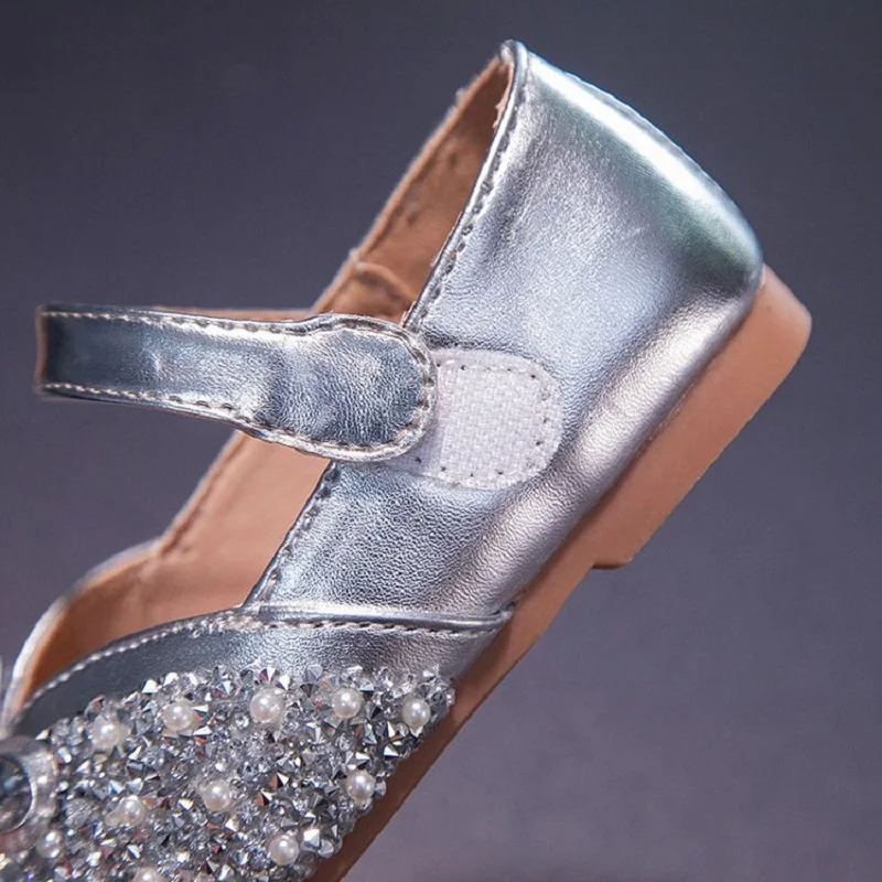 

Spring Kids Girls Golden Silver Butterfly Leather Shoes Children Rhinstone Pearl Princess Shoes