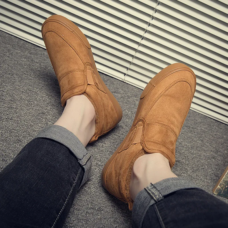 

Autumn Winter Mens Thick Cotton Shoes Warm Velvet Casual Footwear Sports Sneakers Men Slip on Khaki Faux Fur Plush Suede Shoes
