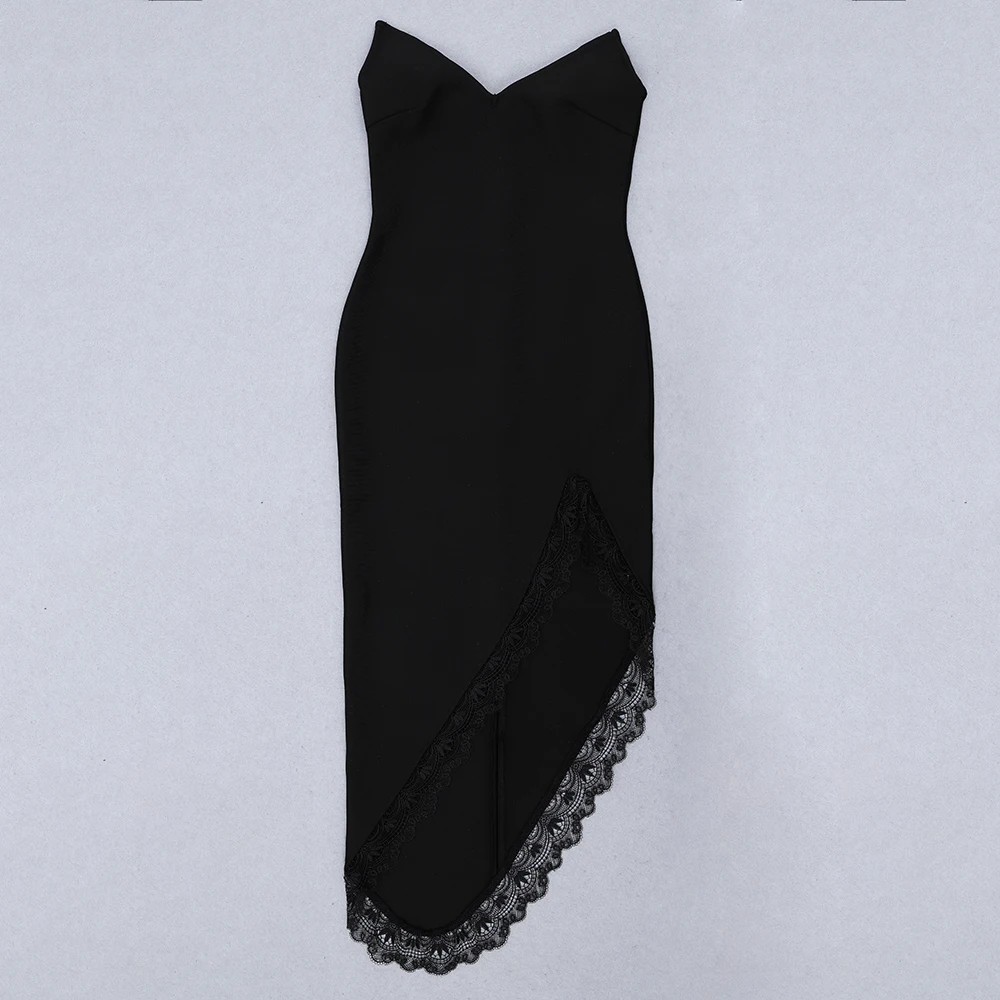 

Sale 2020 New Fashion Women Sexy Strapless Lace Designer Split Black Bandage Dress Elegant Celebrity Party Dress