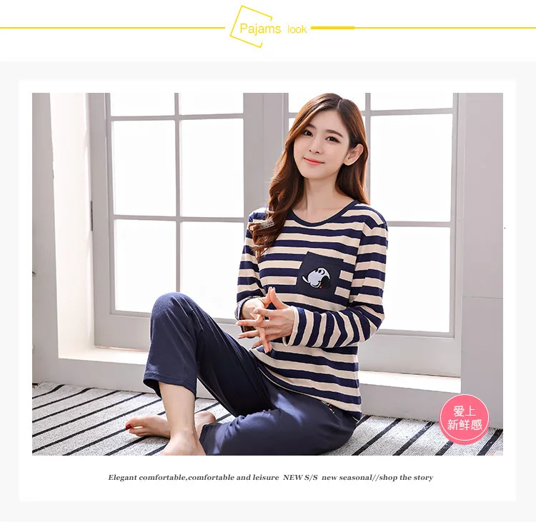 Пижамные комплекты для женщин с круглым вырезом Pijama Mujer пижама с длинным рукавом весенняя Хлопковая пижама Femme Повседневные наборы пижам комплект из двух предметов