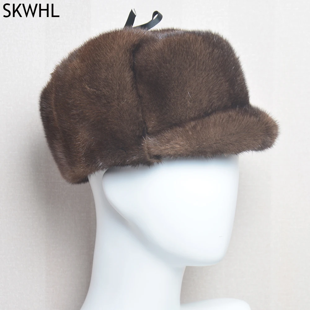 Winter Thickened Genuine Mink Fur Bomber Hat For Man Black/Brown Tag Elderly Ear Warm Chapeau Motorcycle Russian Style Mink Caps