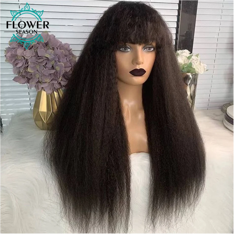 

Kinky Straight Human Hair Wig for Women Indian Remy hair with bangs Full Machine Made Scalp Top Wig 180% Glueless Fringe Wigs