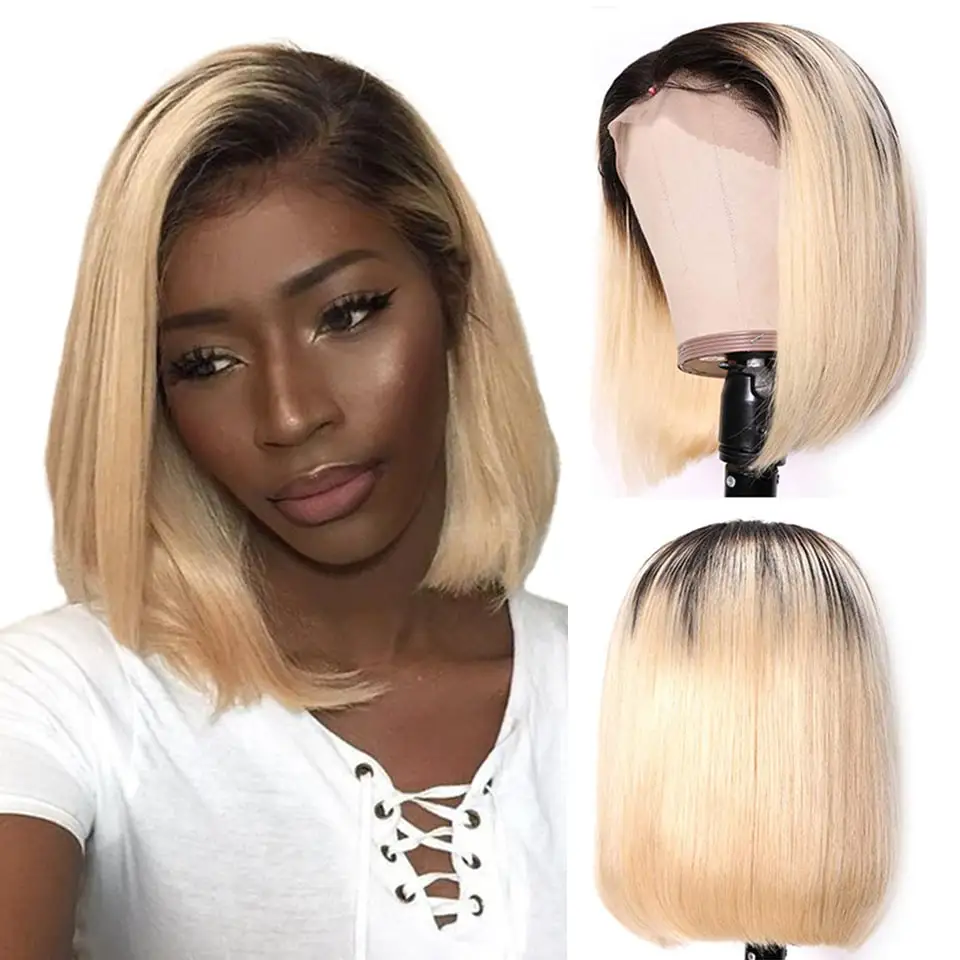 

Ombre Blonde 1B 613 Lace Front Wig 4X4 Lace Closure Bob Human Hair Wigs For Women Free Middle Side Part 150% Density BESFOR
