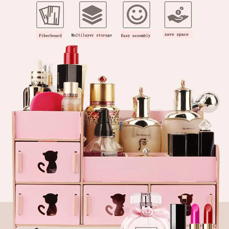 

Desktop cosmetics jewelry compartment storage box wooden finishing drawer dressing table lipstick mirror skin care product rack