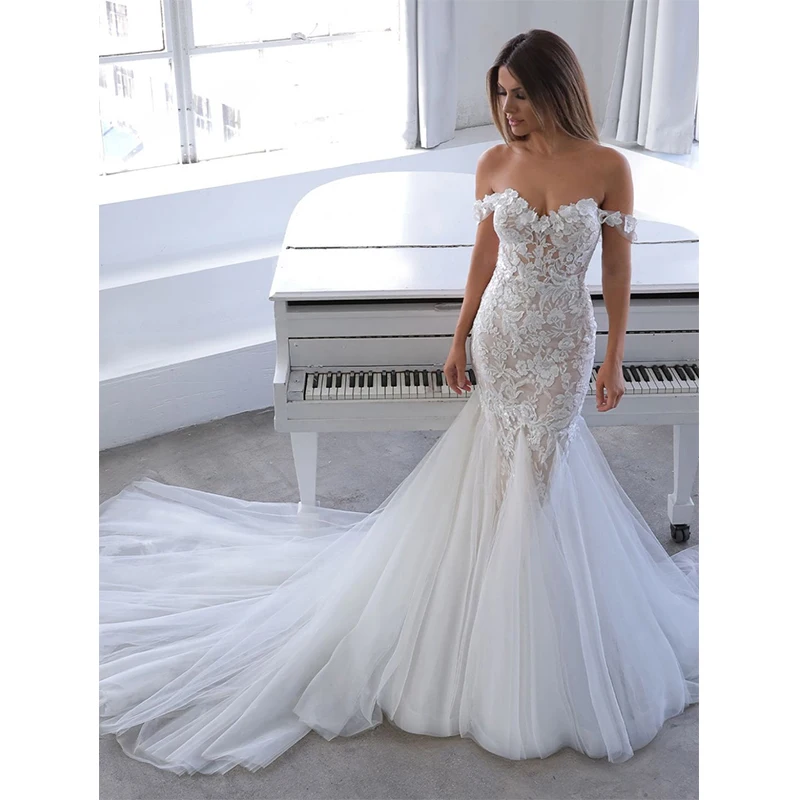 Купи Bohemian Mermaid Tulle Off The Shoulder Wedding Dress Flower Appliques Floor-length Bridal Gown Customized Vestido De Novia за 5,419 рублей в магазине AliExpress