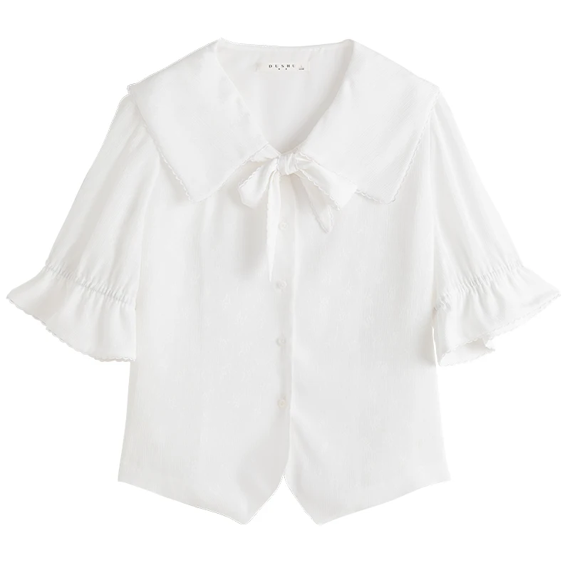 

DUSHU Office Lady Navy Collar White Chiffon Shirt Female Summer 2021 New White Five-point Sleeve Puff Sleeve Tops