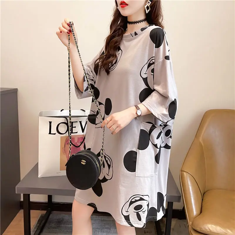 

Mickey Cotton Mid-length Female Short-sleeved T-shirt 2021 Women New Korean Version Of The Wild Loose Upper Clothe Trend Commute