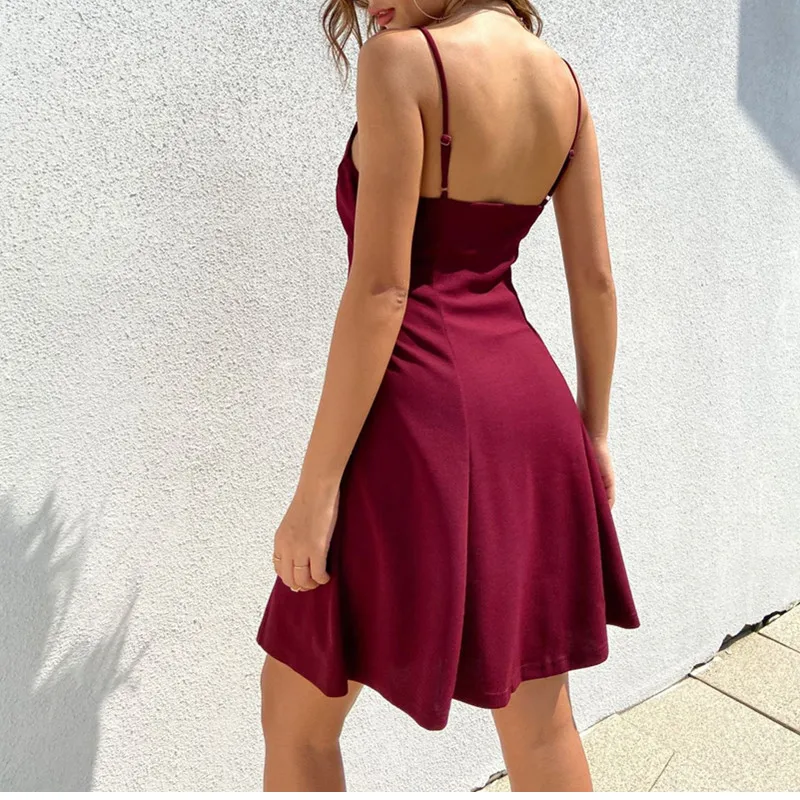

Women A-line Sexy Dress V-Neck 2021 Strap Backless Mini Dresses Soild Color Vestidos Slim Trend High Waist For Party