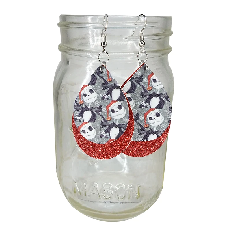 

Jack Skellington Nightmare Before Christmas Inspired Faux Leather Earrings Glitter Layered Halloween Teardrop Leaf Earrings