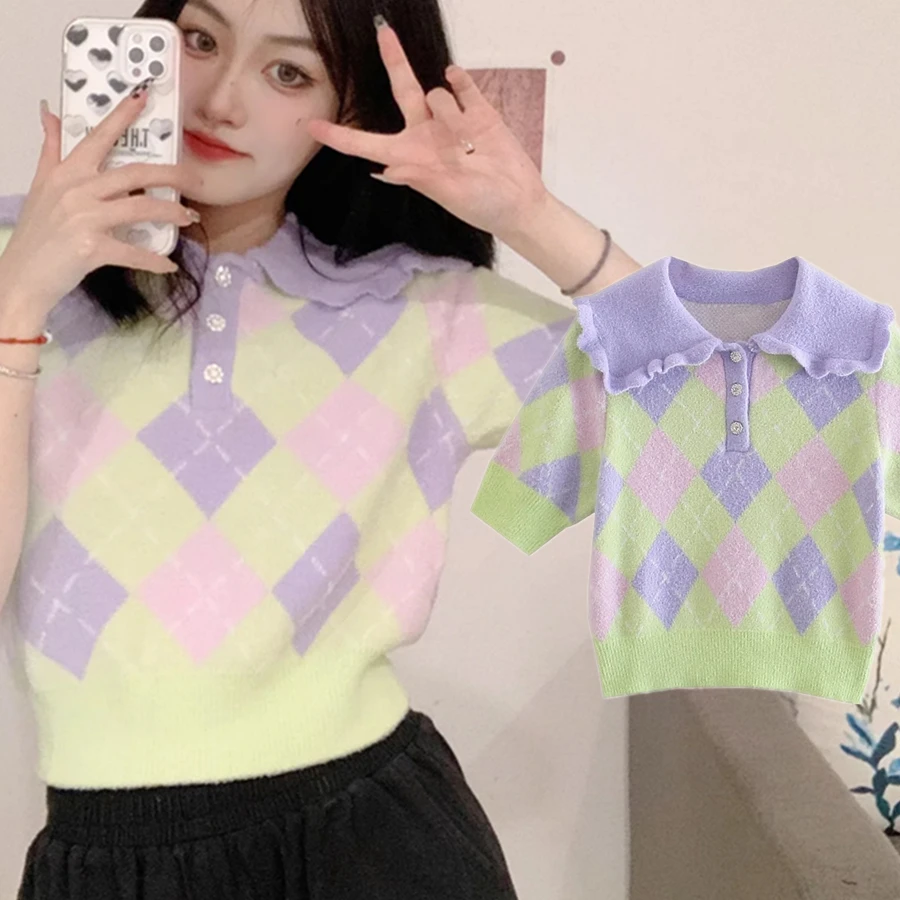 

Maxdutti England T Shirt Women Style Patchwork Polo HarajukuIns Fashion Vintage Winter Camisetas Verano Mujer 2021 Tshirt Tops