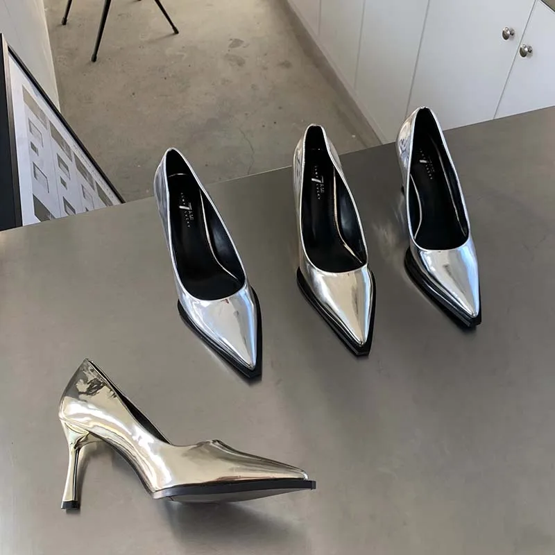 

Patent Leather Women Pumps Gold/Silver Thin High Heels Shallow Slip On Mules Shoes Sexy Party Dress Shoes Woman Size 35-39