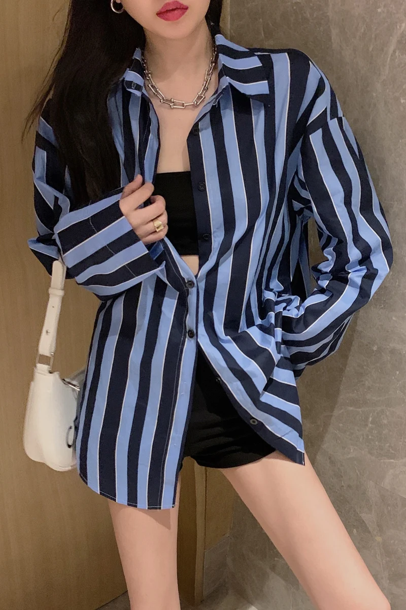 

COIGARSAM Full Sleeve Shirt Womens tops Summer Striped Loose Women shirts Blue Stripe 0652