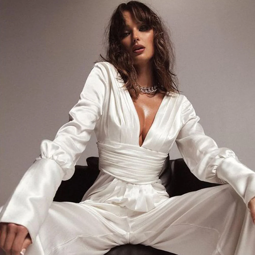 

2021 Spring Women New Sexy Deep V Simple White Long-Sleeved Jumpsuit Fashionable Elegant Satin Celebrity Party Club Jumpsuit