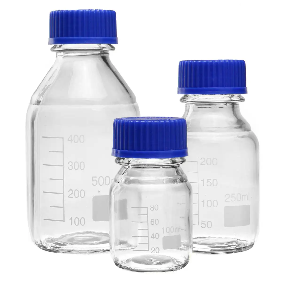

Glass Blue Transparent Reagent Bottle 100/250/500ml Screw Mouth Scale Lab Sampling Bottle Transparent silk mouth bottle