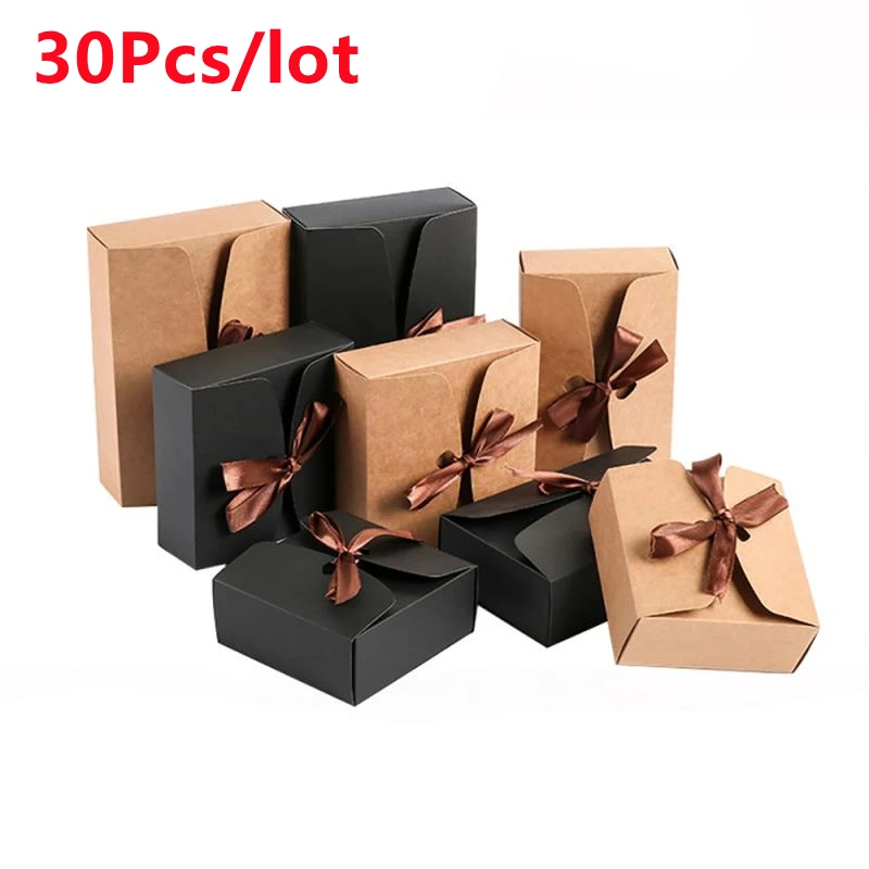 

30 Pcs/lot Kraft Boxes with Ribbon Wedding Favor Boxes Baby Shower Favor Boxes Party Gift Boxes Cookie Nougat Packaging Box