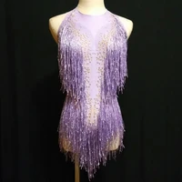purple fringes sparkling rhinestones backless bodysuit sleeveless rompers theatrical costume women stage wear nightclub costumes