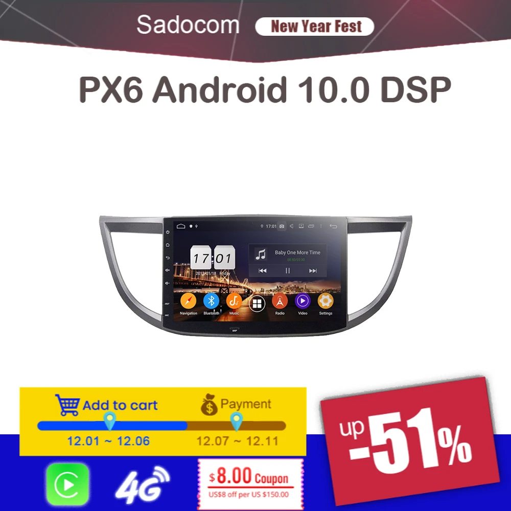Автомобильный DVD-плеер PX6 DSP 10 1 дюйма Android 11 0 4 Гб + 64 ГБ 8 ядер для Honda CRV 2012 2013 2014 2015 GPS