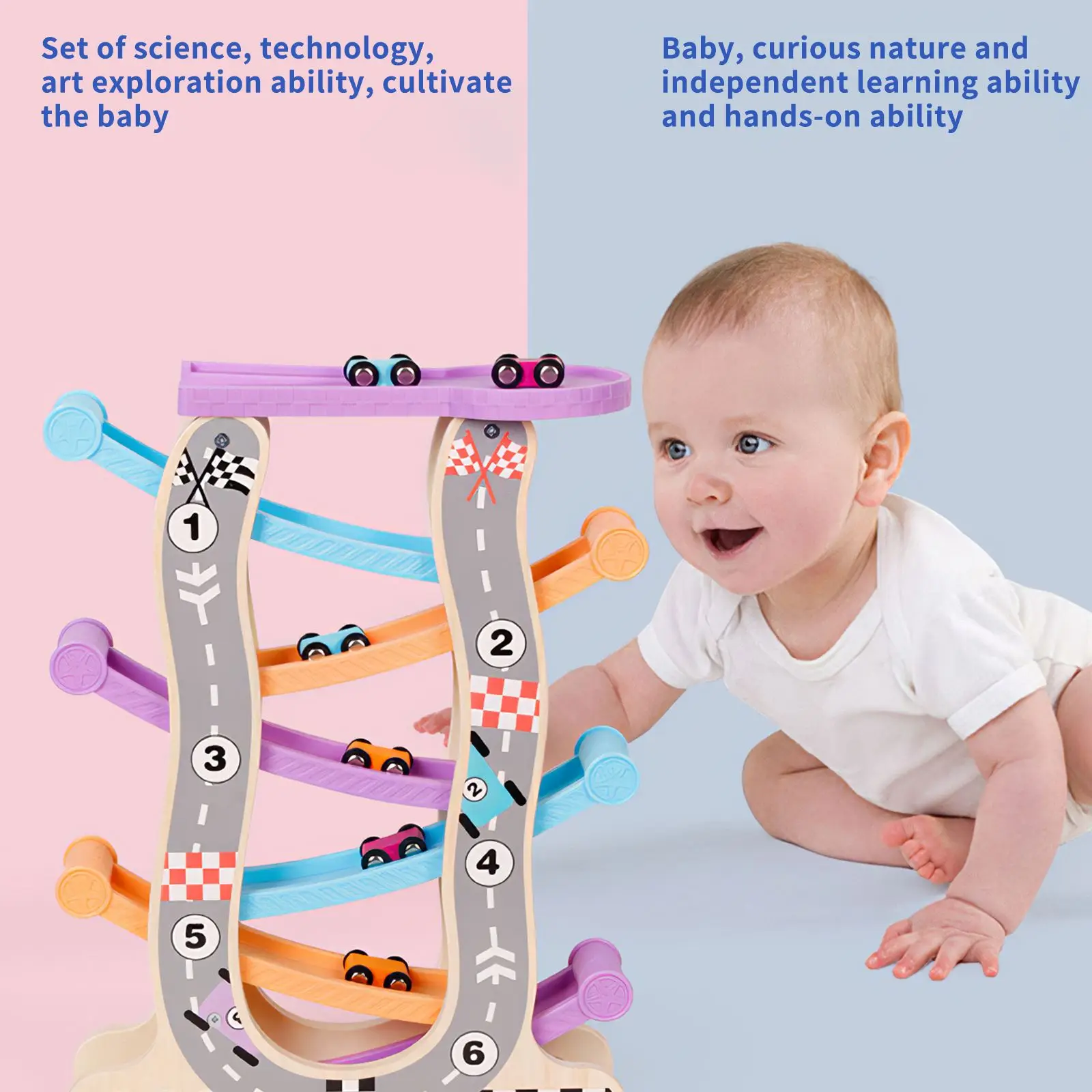 

Wooden Track Racing Car Ramp Toy 6 Track Cartoon Ladder Gliding Car Racing Track Gifts Wooden Toys For Children 6-10 Years Old