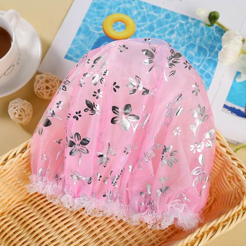 EVA double shower cap Waterproof shower cap Lace wire mesh boxed Face wash shower cap - Цвет: Pink