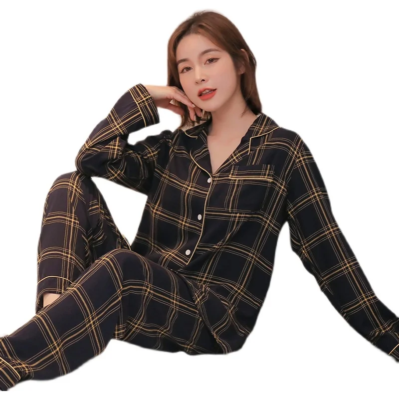 

COUPLE'S Pajamas Men Spring and Autumn Long Sleeve Cotton Silk Tracksuit Japanese Style Plaid Rayon Bourette XL Set
