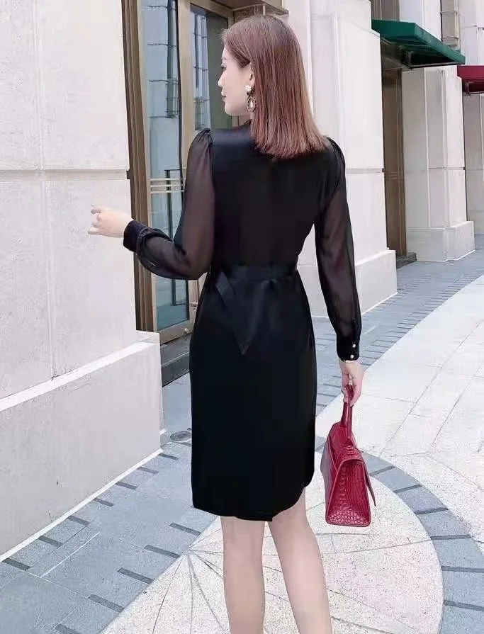 

High Quality New Work Dress 2021 Spring Business Women V-Neck Sexy See Through Sleeve Patchwork Bodycon White Black Dress Belt