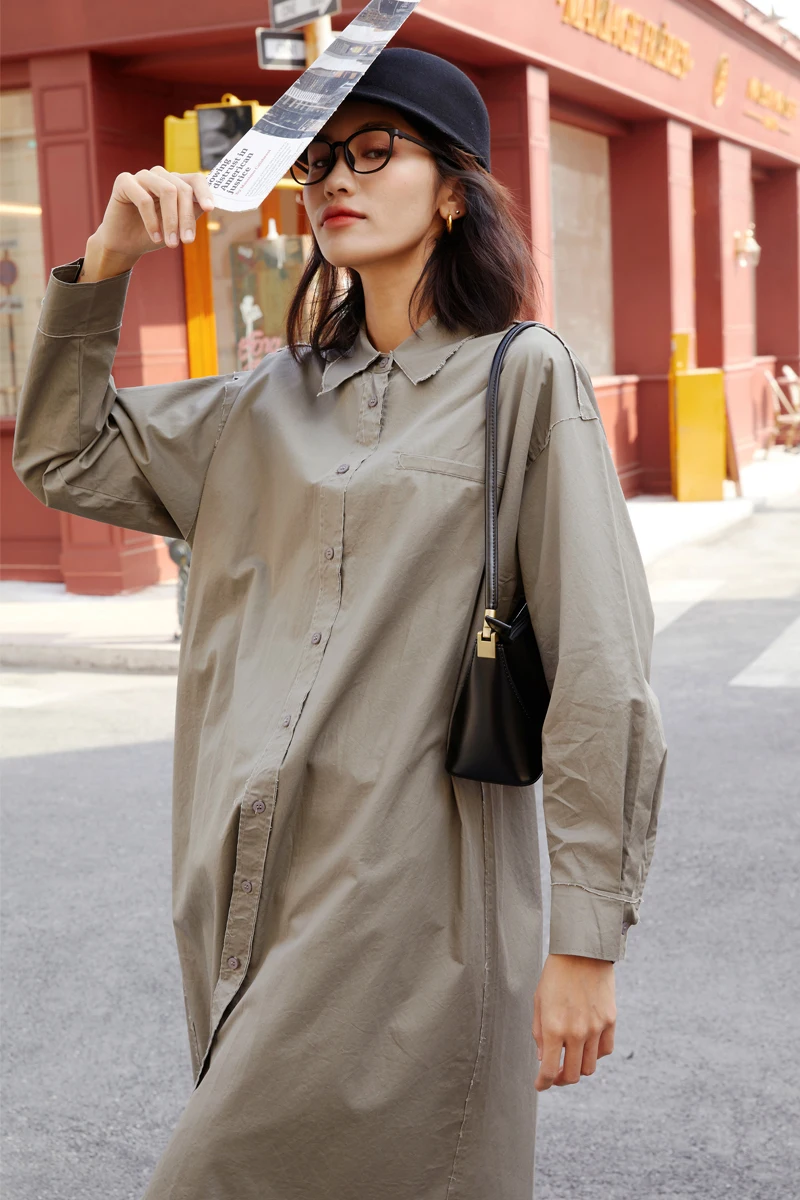 

SHENGPALAE Simple Shirt Dress Women's Summer 2021 New Lapel Large Size Single Breasted Long Sleeve Mid-calf Dress Female WP59106