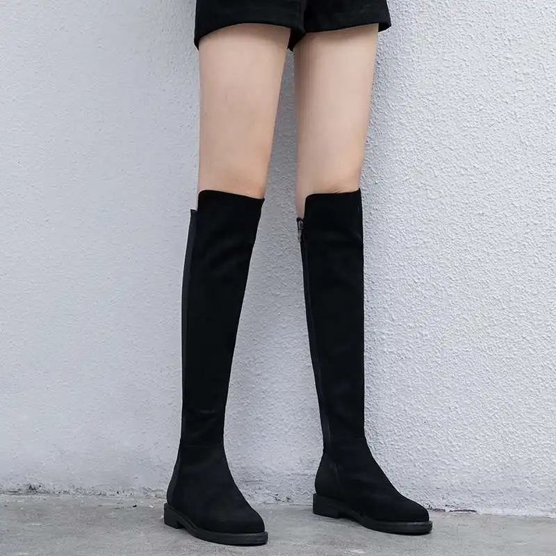 

krazing pot high quality flock cow leather low heels zipper decoration round toe big size 43 42 keep warm thigh high boots l26