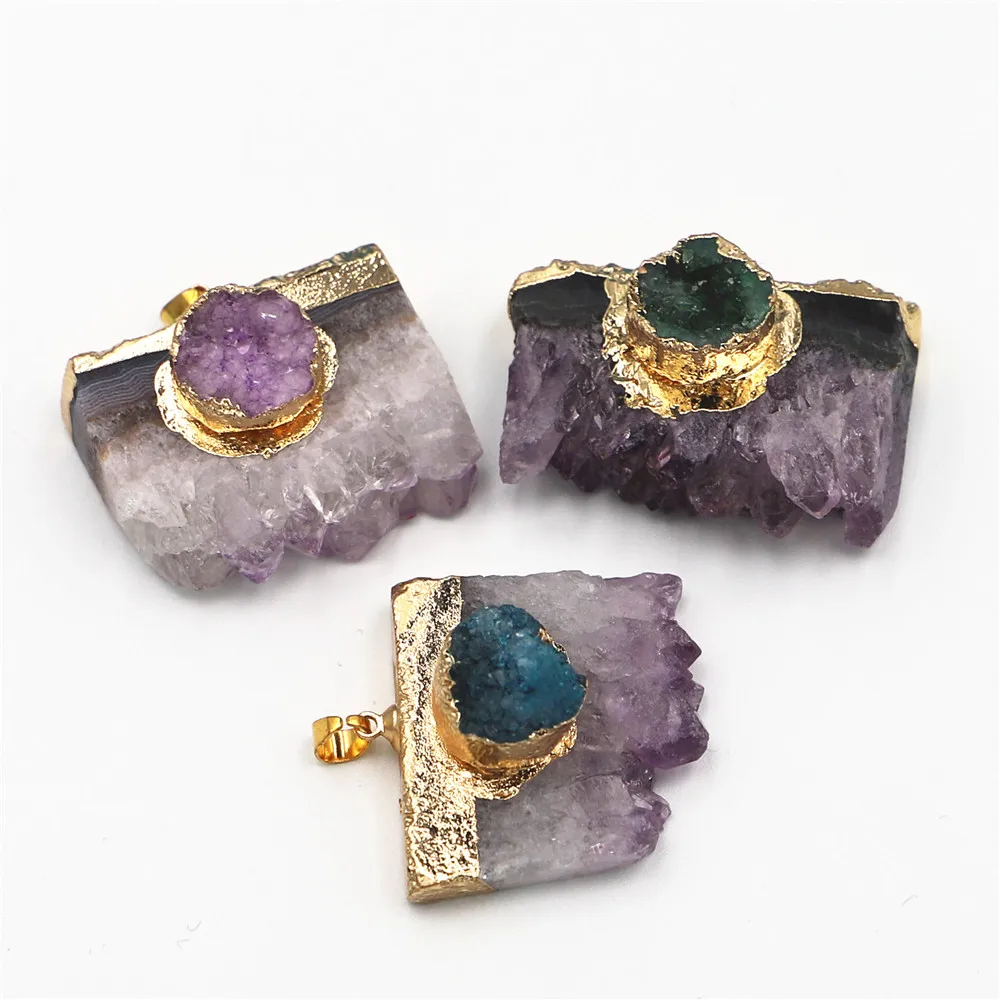 

Hot Jewelry Natural Stone Amethysts Slice Druzys Agates Pendant Purple Crystal Quartz Necklace Male Raw Slab Geode Women 6PCS