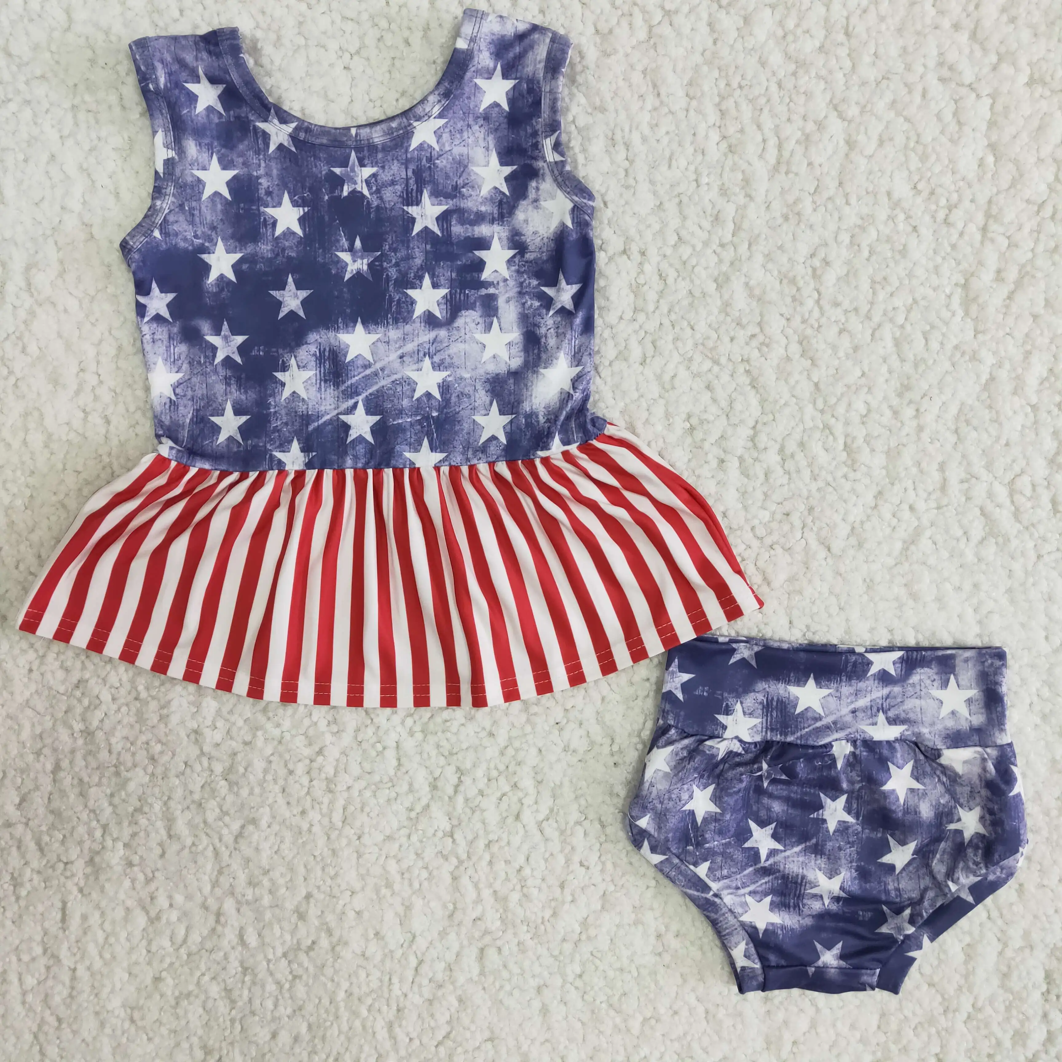 

Toddlers Infant July 4th Outfits Sleeveless Stars Print Top Blue Bloomer Children Baby Girls Clothing Bummies Sets Kids Boutique