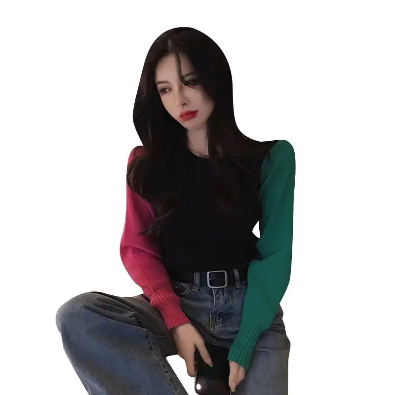 

Design sense color matching long sleeve sweater women's autumn and winter sweater women's new loose short Pullover Sweater