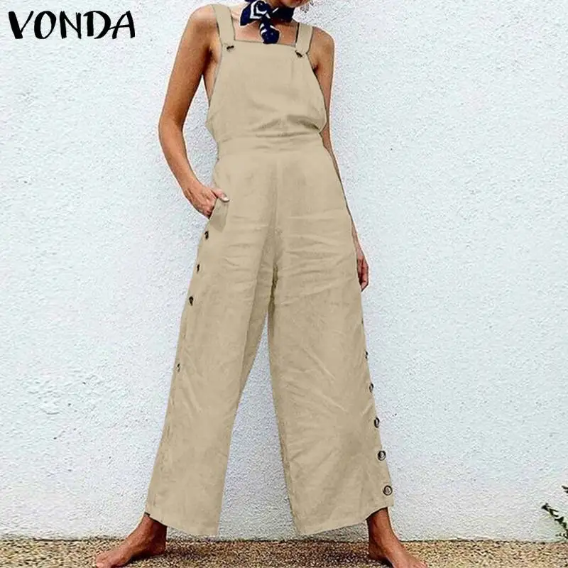 

VONDA 2021 Summer Cotton Jumpsuits Women Sexy Sleeveless Solid Long Jumpsuits Palazzo Pants Wide Leg Overalls Button Up Dungaree