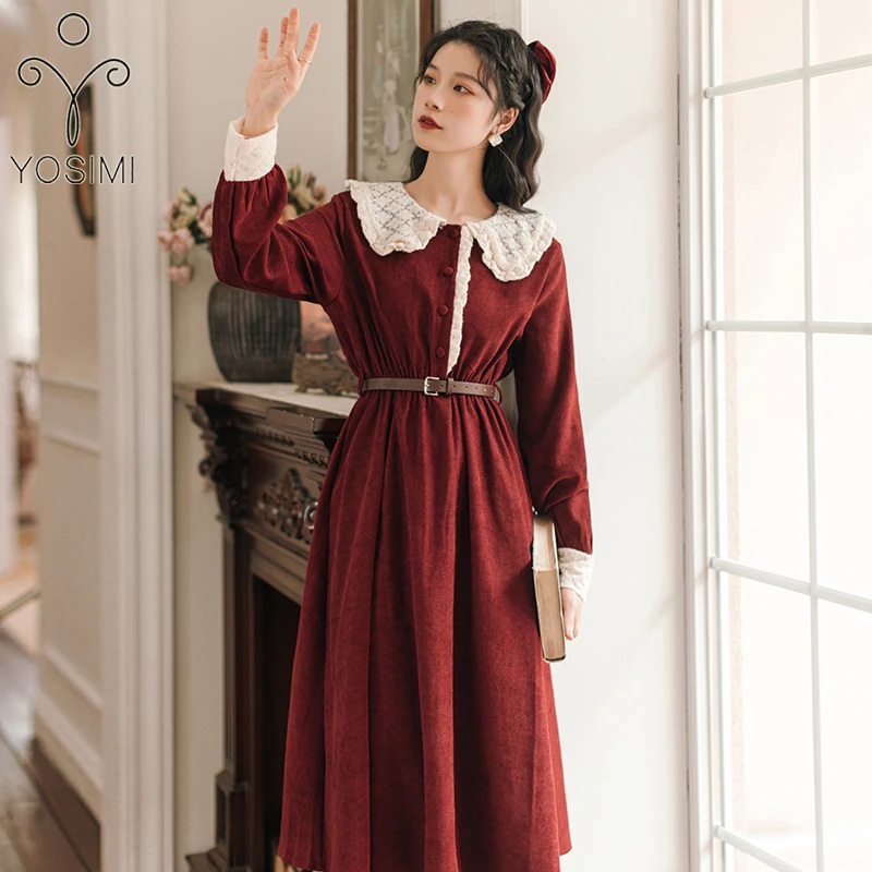 

YOSIMI 2021 Autumn Red Wine Corduroy Long Women Dress Mid-calf Fit and Flare Peter Pan Collar Long Sleeve Student Winter Dress