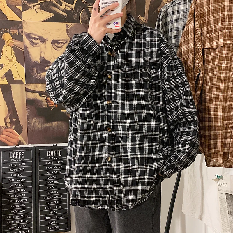 Женская Свободная блузка с отложным воротником Весенняя клетчатая рубашка