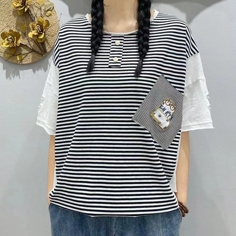 

Max LuLu Summer Designer 2021 New Clothes Ladies Casual Striped Tees Womens Patchwork Holes Tshirts Girls Cartoon Printed Tops