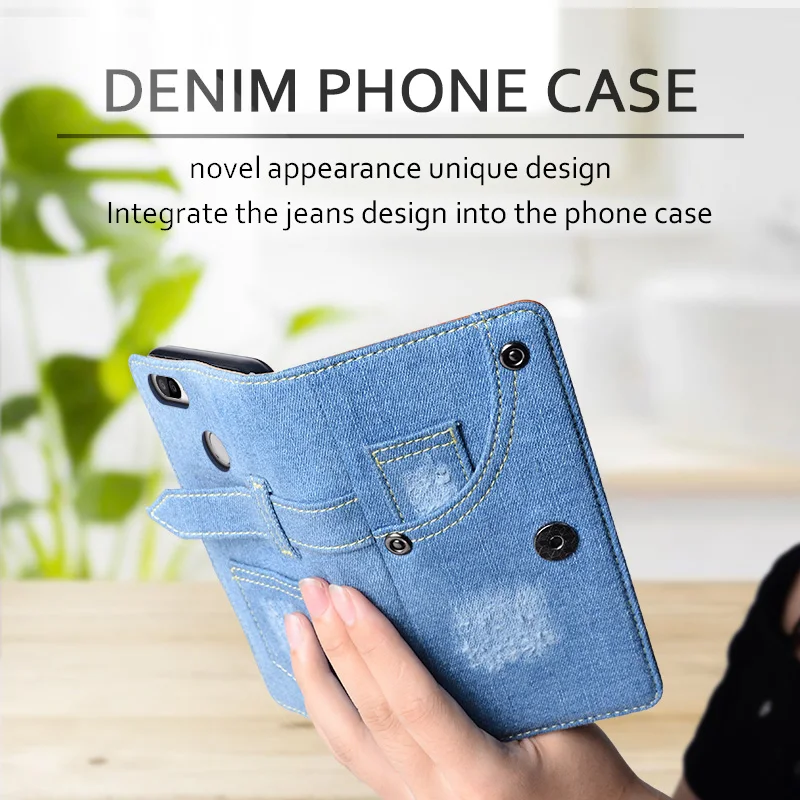 Jeans Style Leather Flip Case For Oukitel U22 5.5 inch Vintage Jean Denim Wallet Cover with Card Pocket Phone Holder 