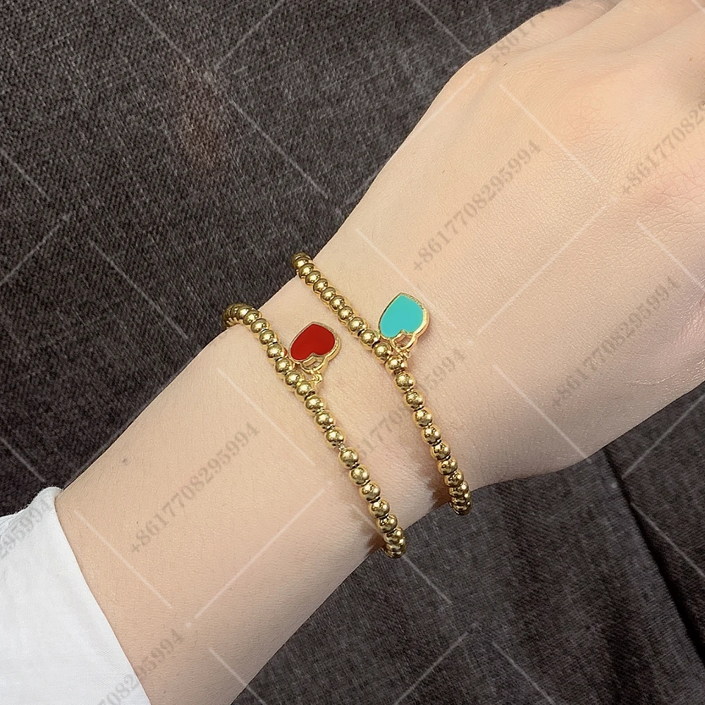 

925 sterling silver golden women's bracelet heart-shaped enamel round bead bracelet lightweight fashion couple jewelry gift