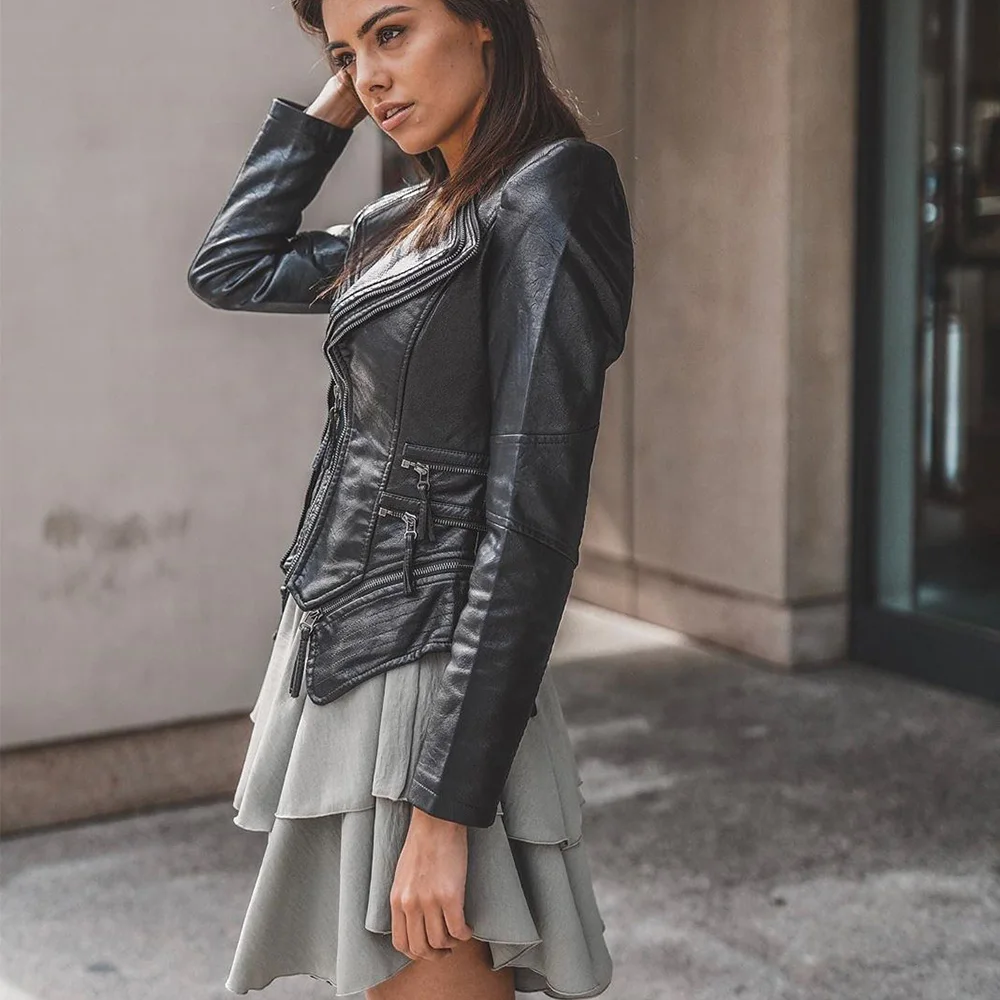 Женское кожаное пальто на молнии в стиле панк весну и осень готическое