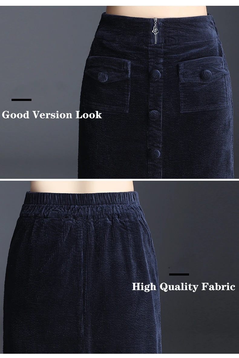 Осенне-зимняя женская юбка размера плюс с эластичной талией, юбки в стиле ампир, Женская Вельветовая Теплая юбка-карандаш средней длины с карманами до колена