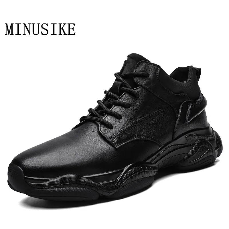 Men Black Sneakers Fashion men's shoes casual leather spring lace up handmade shoes waterproof platform shoes for men