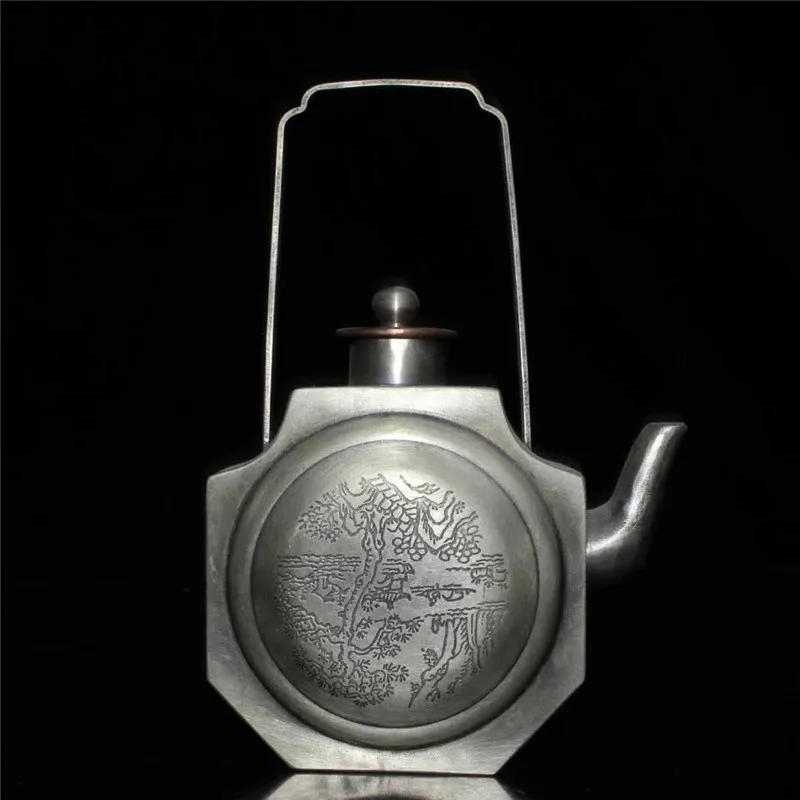 

Chinese Handmade Tibet Silver Wine Pot White Copper Sculpture People Flower Bird Water Pot Exquisite Gift Fengshui Decoration