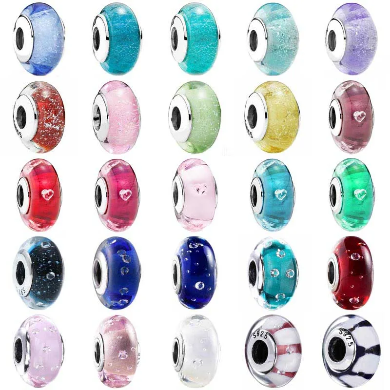 

Heart Stripe Shimmering Radiant Effervesence Lampwork Murano Glass Charm 925 Sterling Silver Beads Fit Fashion Bracelet Jewelry