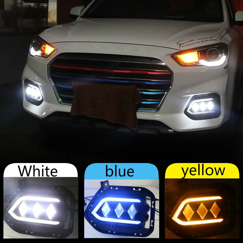 

2 шт. для Hyundai IX35 2018 2019 переливающийся желтый сигнал Функция 12В Автомобильный DRL светодиодный дневный ходовой светильник противотуманная фара