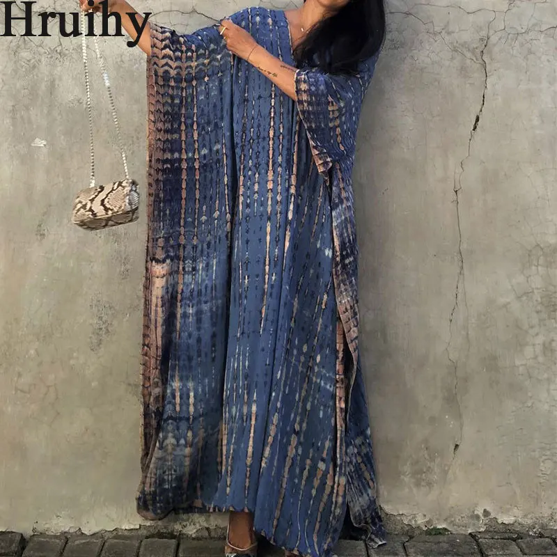 

Robe Dress Beach Vacation Printing Ankle-Length Batwing Sleeve Dresses Women V-Neck Loose Fashion Personalized Casual Dress