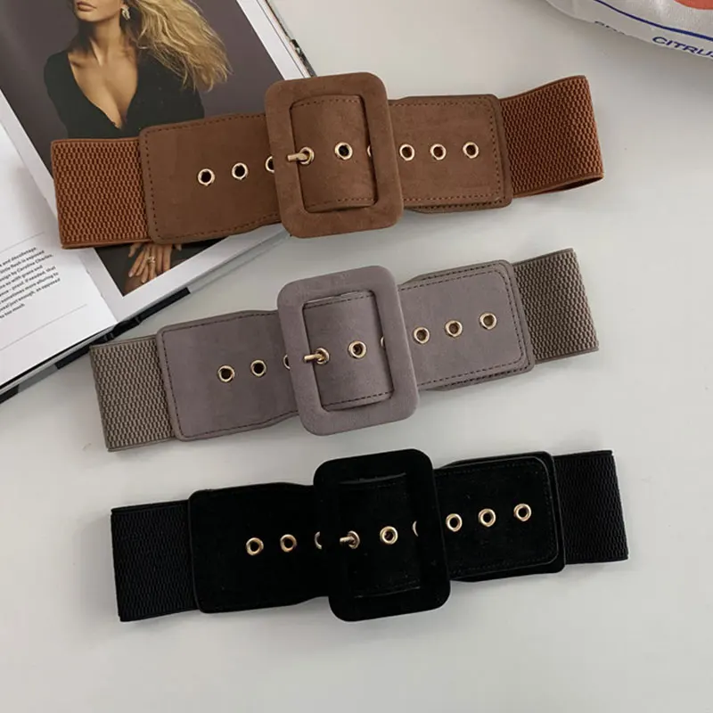 

Stylish Woolen Suede Metal Buckle Waist Belt Wide Elastic Belt Metal Buckle Leather Belt Dress Accessories Summer Waistband