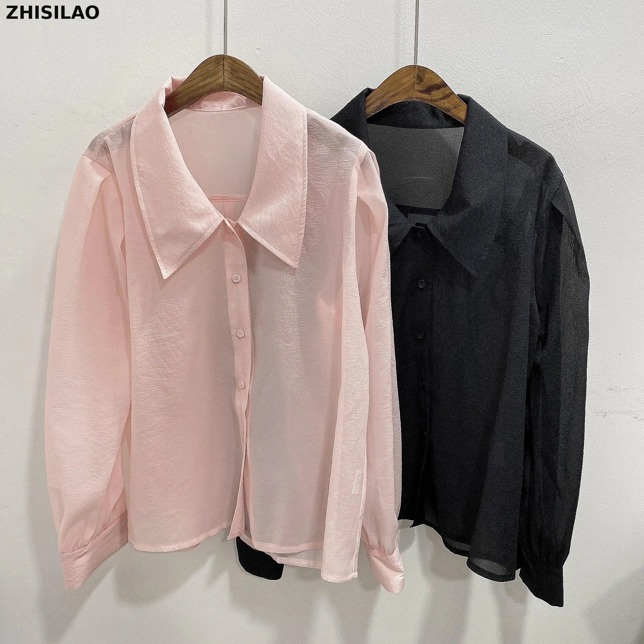 

ZHISILAO Thin Women Blouse Elegant Solid Pink Puff Sleeve Shirts Vintage Summer 2021 Tops Black Single Breasted Blousa