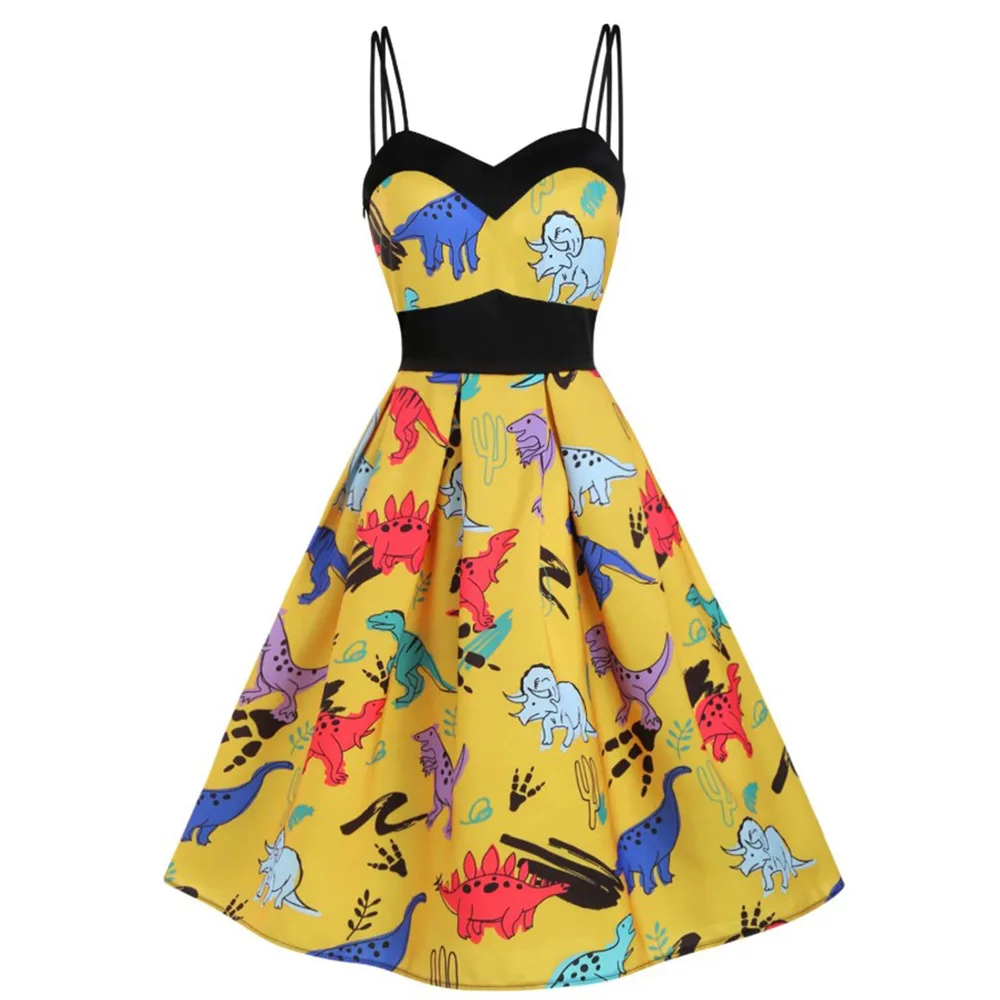 

Retro Vintage Dress Spaghetti Strap Sleeveless Dinosaur Pattern Floral Print Elegant Women Plus Size Cocktail Dress Vestidos