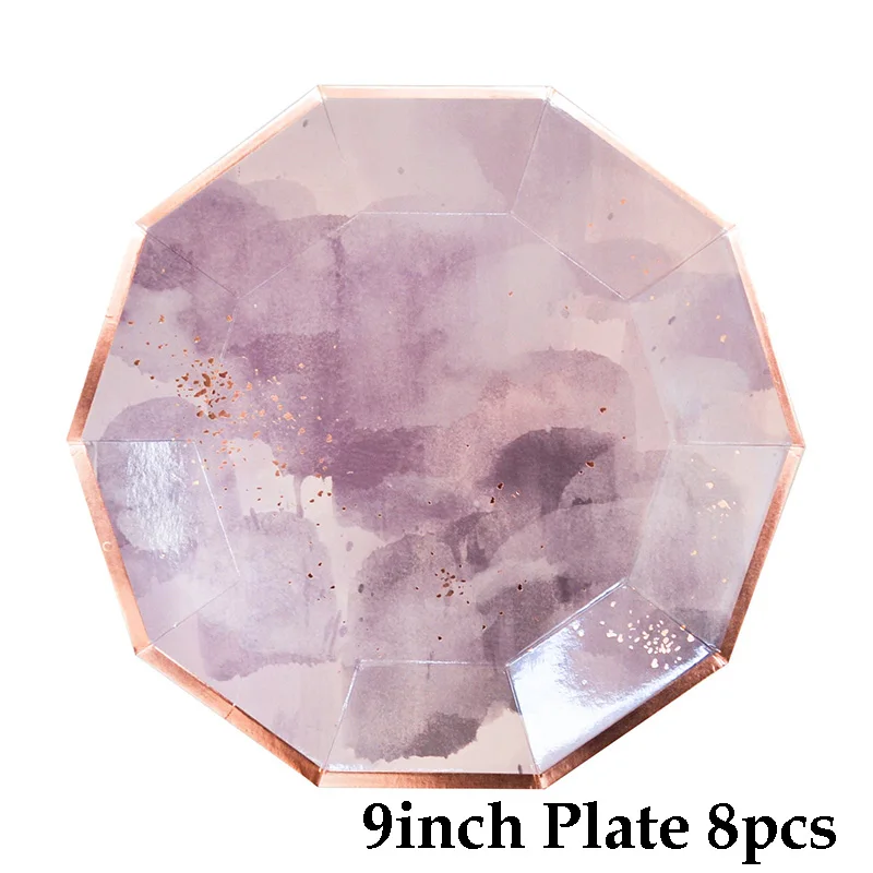 9inch plate 8pcs Одноразовая посуда фиолетовая Акварельная большая бумажная тарелка высокого качества Вечерние Украшения полосатая розовая чашка тарелка на день рождения свадебные принадлежности - Цвет: 9inch plate 8pcs