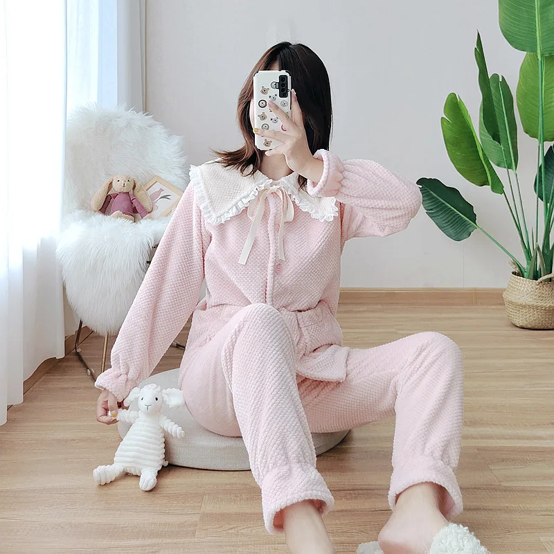 

2020 New Flannel Pajamas Nightwear Sleepwear Set Winter Warm Simple Long Sleeve Leisure Pure Color Women pijama 2pcs pj sets